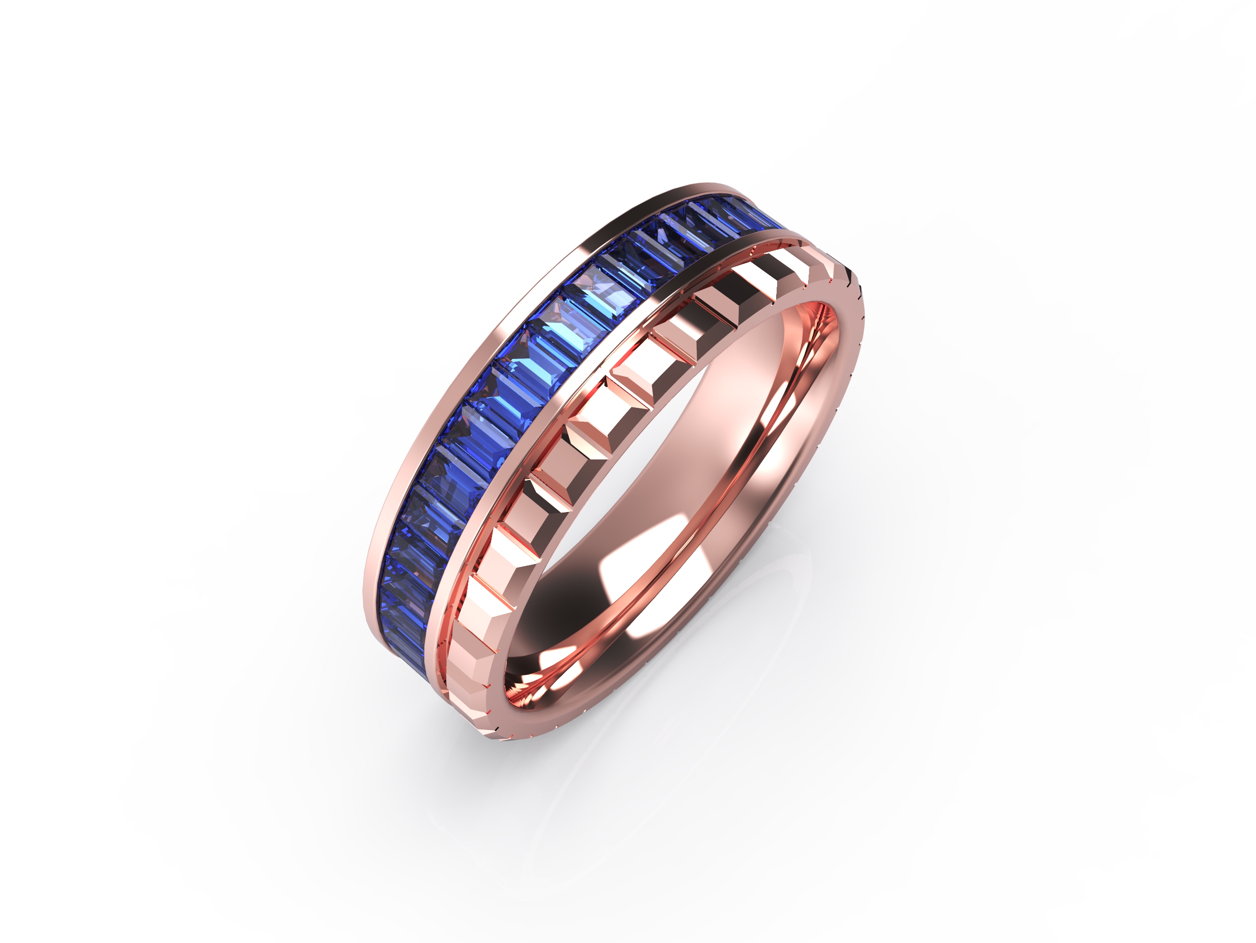 a ray of light shinning on blue sapphire rose gold men's ring