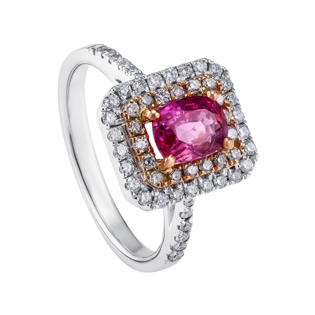 pink sapphire ring with two-tone double halo diamonds