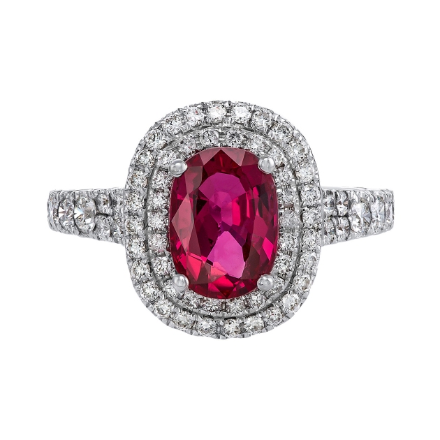 oval cut unheated ruby ring with double halo diamonds