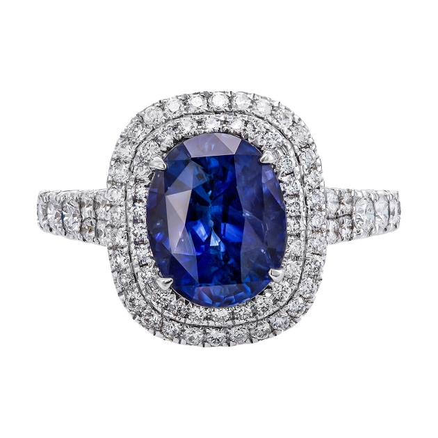 blue sapphire ring with double halo diamonds