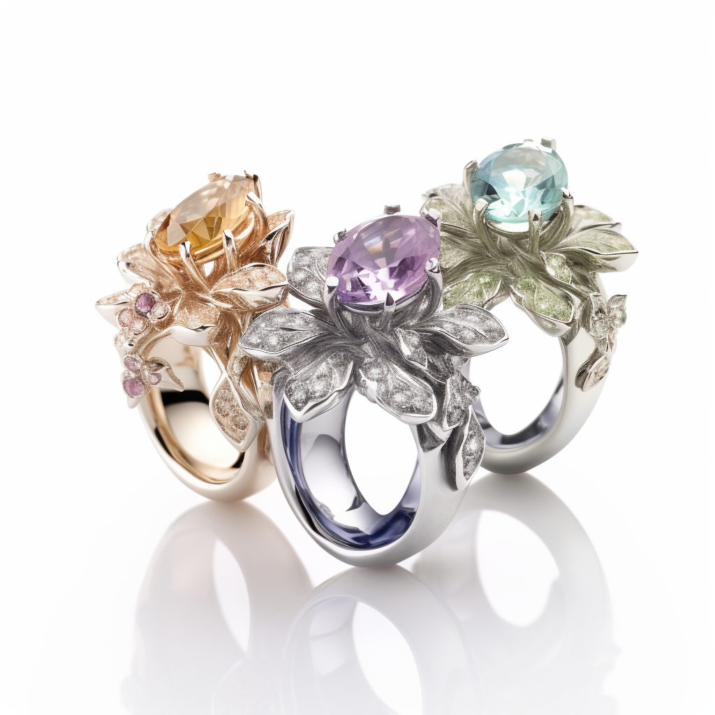 3 floral rings featuring different gemstones