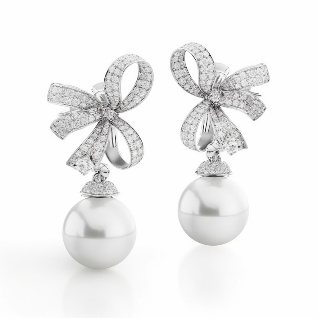 south sea pearl drop earrings with diamond ribbon design