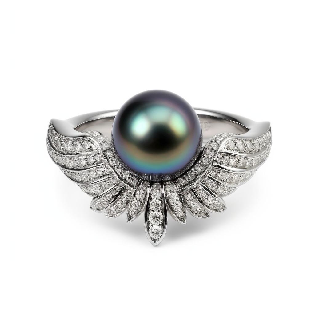 tahitian pearl ring with wing-like diamond design