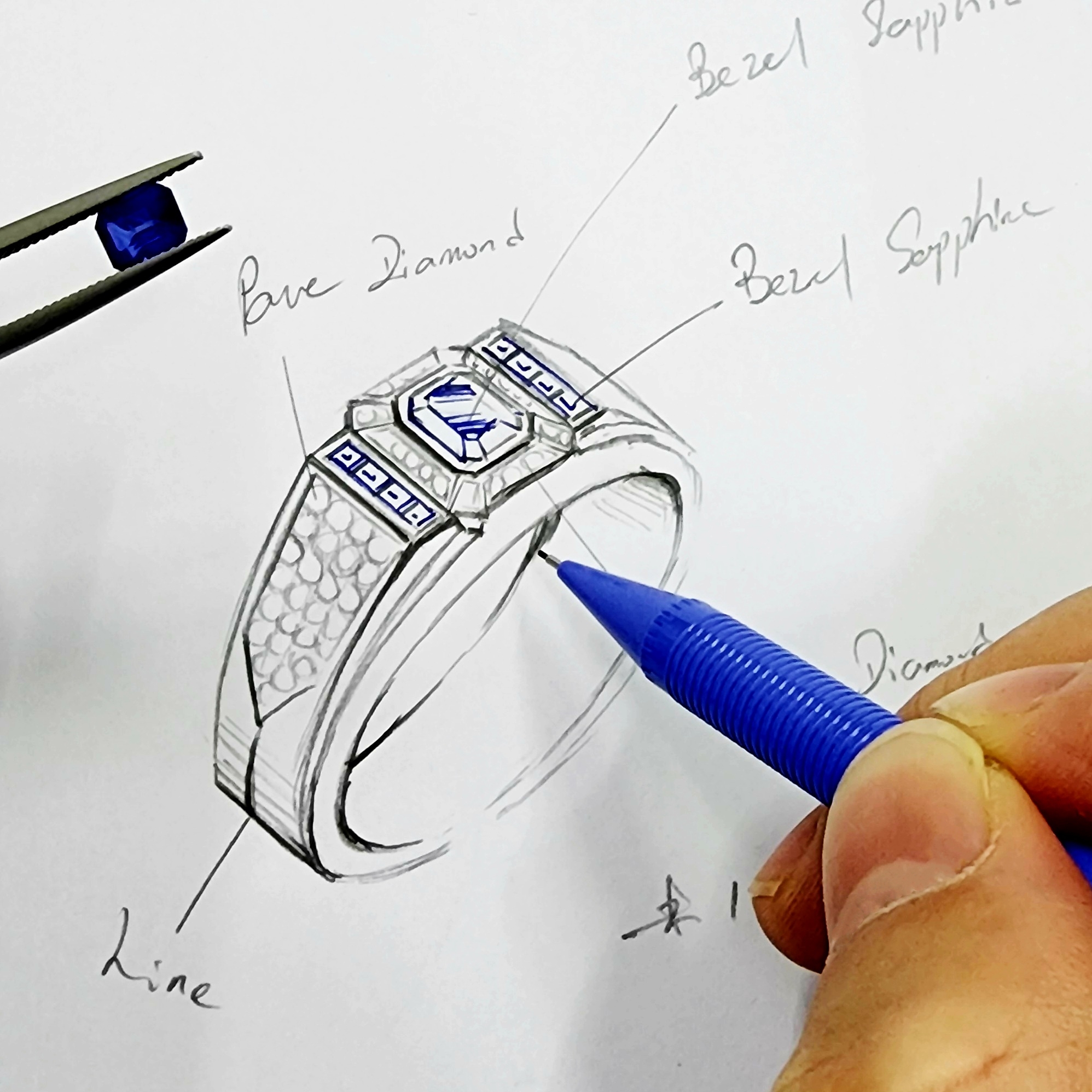 drawing sketch of a custom made blue sapphire with diamond men's ring