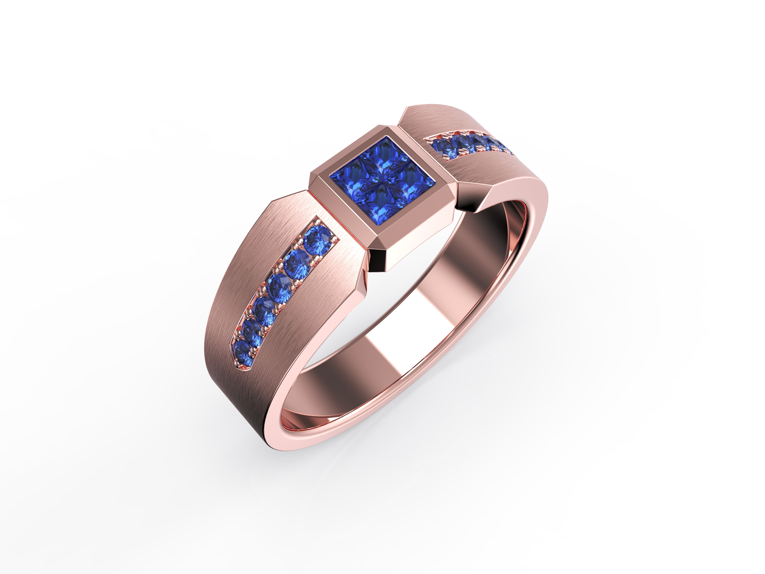 men's rose gold ring with blue sapphire stones