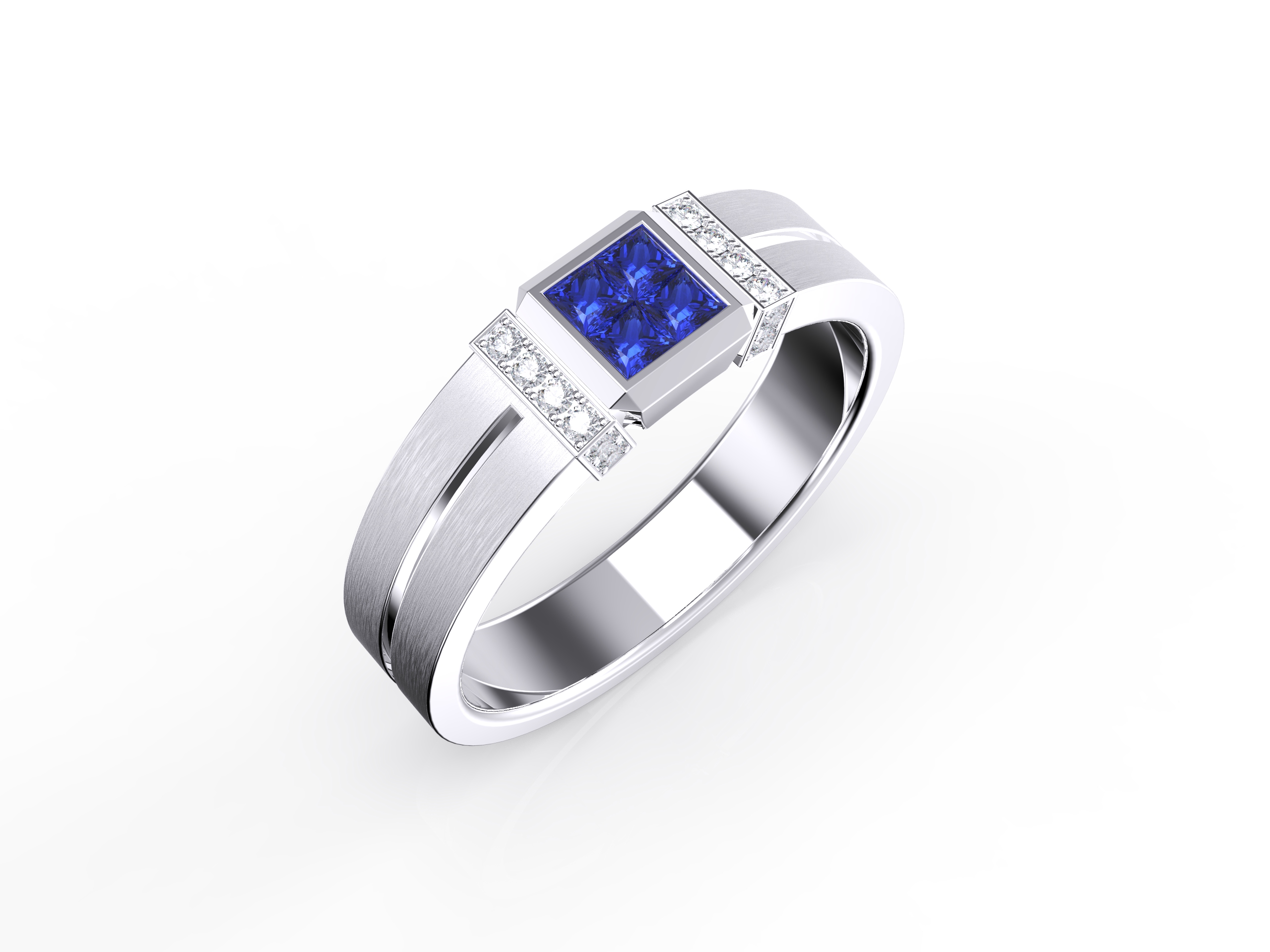 men's white gold ring with blue sapphire accent stone